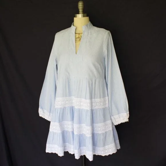 Sail to sable charlotte dress blue stripe Seersucker crochet lace tiered tunic - Picture 6 of 10